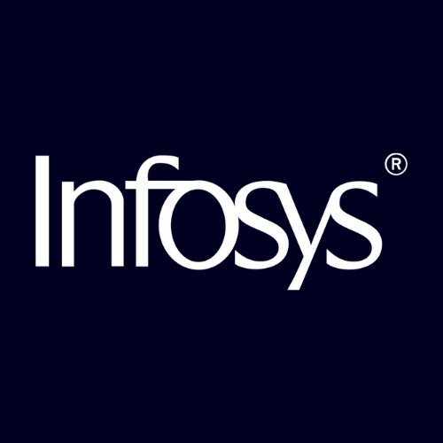 White “Infosys” wordmark with registered trademark symbol on dark blue background, representing Infosys global IT services, consulting, and digital transformation brand identity.