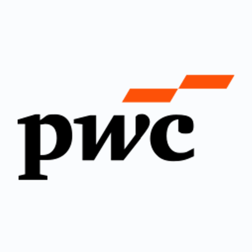 Black lowercase “pwc” wordmark with two orange stacked rectangular accent shapes above, representing PwC global professional services, consulting, and audit firm brand identity.