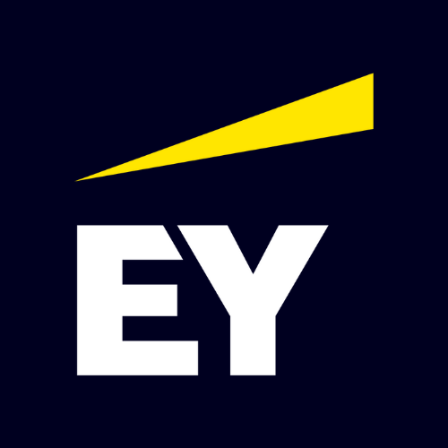 White “EY” lettering with a yellow angled accent bar above on dark blue background, representing Ernst & Young global consulting, assurance, tax, and advisory services brand identity.