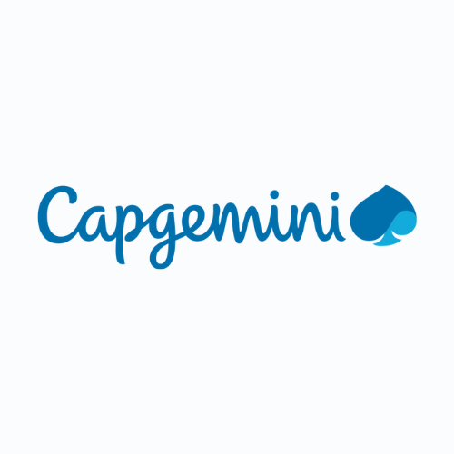 Blue cursive “Capgemini” wordmark with a blue spade-shaped emblem on light background, representing Capgemini global consulting, technology, and digital transformation services brand identity.