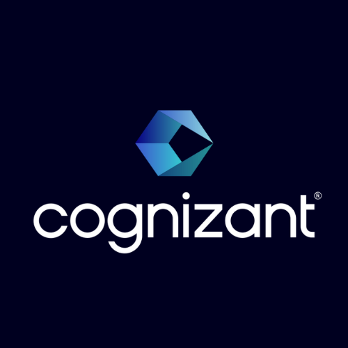 White lowercase “cognizant” wordmark with registered trademark symbol and blue geometric hexagon emblem above on dark blue background, representing Cognizant global IT services and digital transformation brand identity.