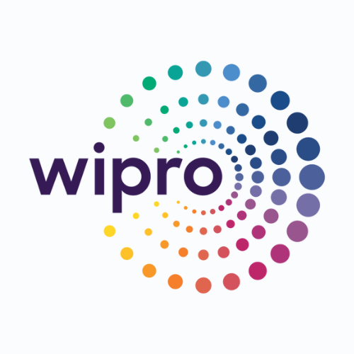 Purple “wipro” wordmark accompanied by a circular spiral of multicolored gradient dots on light background, representing Wipro global IT services, consulting, and digital transformation brand identity.