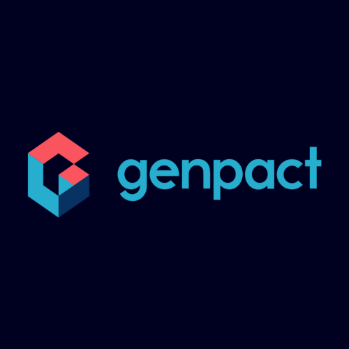 Blue lowercase “genpact” wordmark with a red and blue geometric cube symbol on dark blue background, representing Genpact global professional services and digital transformation brand identity.