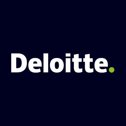 White “Deloitte” wordmark with a green dot at the end on dark blue background, representing Deloitte global consulting, audit, tax, and advisory services brand identity.