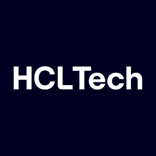 White “HCLTech” wordmark centered on dark blue background, representing HCLTech global technology services and IT consulting brand identity.