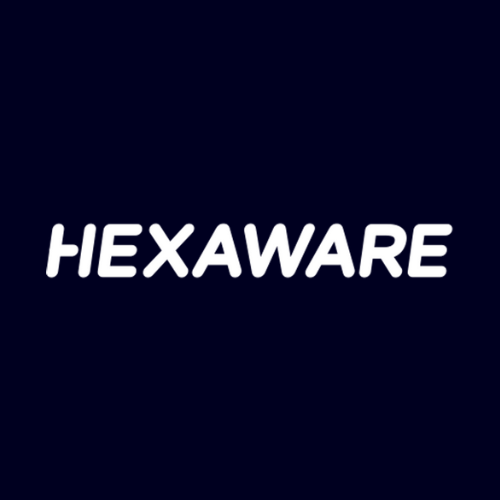 White “HEXWARE” wordmark centered on dark blue background, representing Hexaware Technologies global IT services, automation, and digital transformation brand identity.