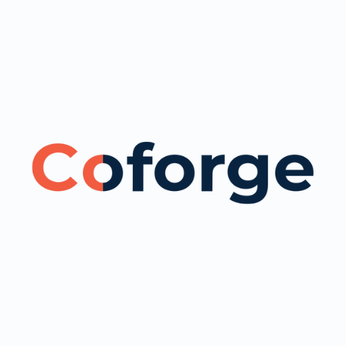 Alt Text: Coforge Logo with Orange and Blue Wordmark “Coforge” wordmark featuring an orange and blue stylized “Co” followed by dark blue “forge” text on light background, representing Coforge IT services, consulting, and digital transformation brand identity.
