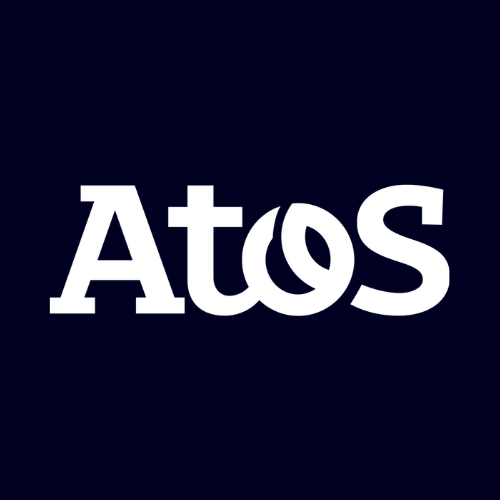 White stylized “Atos” wordmark centered on dark blue background, representing Atos global IT services, consulting, and digital transformation brand identity.