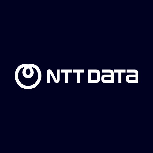 White “NTT DATA” wordmark with circular abstract emblem on dark blue background, representing NTT Data global IT services, consulting, and digital business solutions brand identity.