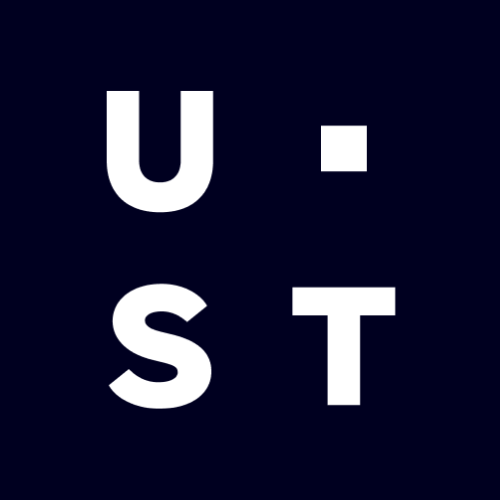 White “U·ST” lettermark arranged in stacked format on dark blue background, representing UST global digital transformation, IT services, and technology consulting brand identity.
