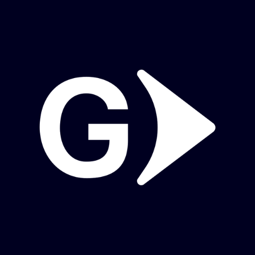 White capital “G” followed by right-pointing arrow symbol on dark blue background, representing Globant global digital transformation, software development, and IT consulting brand identity.