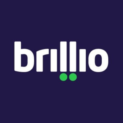 White “brillio” lowercase wordmark with two green dots beneath the letters on dark purple background, representing Brillio digital technology consulting and transformation services brand identity.